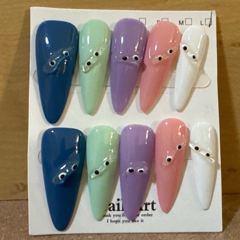 Pastel 3D Googly Eye Press On Nails‎ Almond Shape Colorful Fake Nail Set 10pc